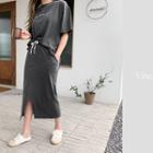 Letter Print T-shirt & Drawcord Long Skirt Set  Charcoal Gray - One Size