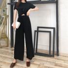 Set: Cropped Short-sleeve T-shirt + High Waist Wide-leg Pants