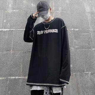 Lettering Stitched Long-sleeve Round Neck T-shirt