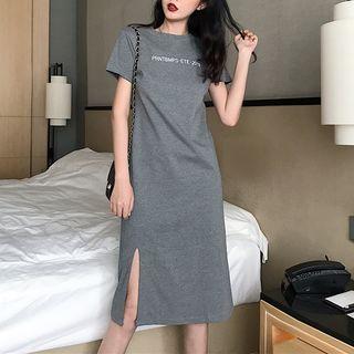 Short-sleeve Lettering Slit T-shirt Dress