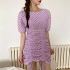Short-sleeve Drawstring Mini Sheath Lace Dress