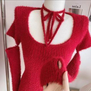 Detachable-sleeve Strappy Knit Mini Bodycon Dress
