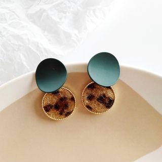 Leopard Print Disc Dangle Earring 1 Pair - S925 Silver Earrings - Leopard & Green - One Size