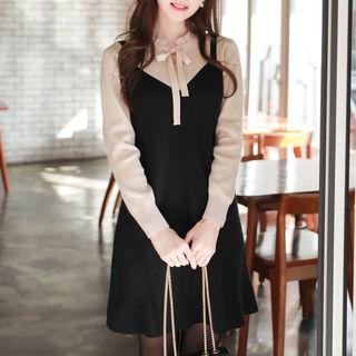 Frilled Tie-neck Mock Two-piece Knit Dress