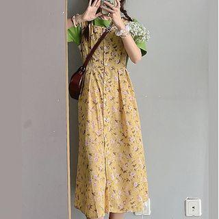 Spaghetti Strap Floral Midi A-line Dress Floral - Yellow - One Size