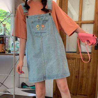 Flower Embroidered Denim Jumper Dress