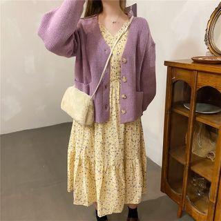 Long-sleeve V-neck Floral Midi Dress / Plain Knit Cardigan
