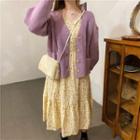 Long-sleeve V-neck Floral Midi Dress / Plain Knit Cardigan