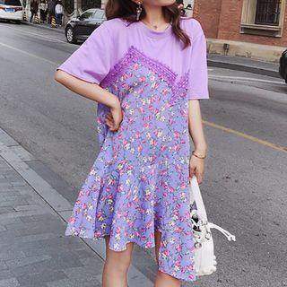 Floral Print Asymmetric Short-sleeve A-line Dress