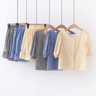 Set: Puff-sleeve Floral Print Buttoned Top + Wide-leg Shorts