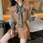 Zip-up Faux Leather Vest / Short / Leopard Print Blouse