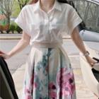 Short-sleeve Pocket Detail Shirt / Flower Print Maxi A-line Skirt