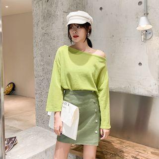 Long-sleeve Off-shoulder T-shirt Green - One Size
