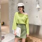 Long-sleeve Off-shoulder T-shirt Green - One Size