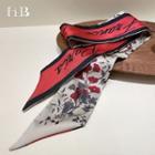 Floral Print Lettering Narrow Scarf White & Black & Red - One Size