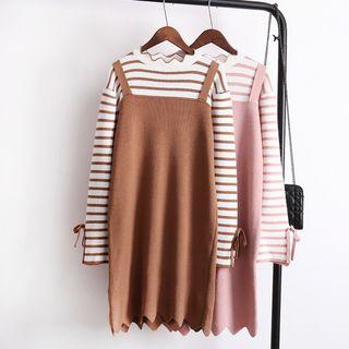 Set: Striped Knit Pullover + Strappy Knitted Dress