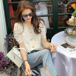 V-neck Plain Pleated Lace Blouse