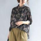 Leaf Print Linen Shirt As Shown In Figure - One Size