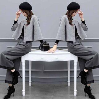 Set: 3/4-sleeve Snap Button Jacket + Cropped Wide-leg Pants