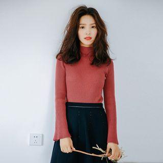 Mock-turtleneck Bell-sleeve Plain Knitted Sweater