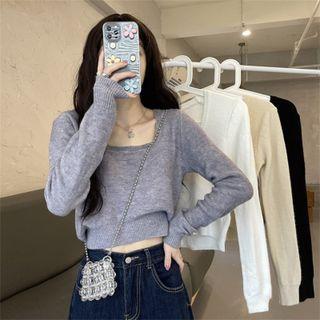 Plain Square-neck Knit Long-sleeve Top