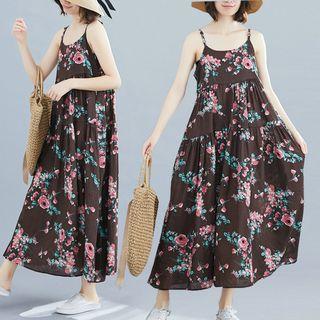Floral Strappy Midi A-line Dress Coffee - One Size