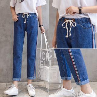 Drawstring Waist Contrast Trim Straight Cut Jeans