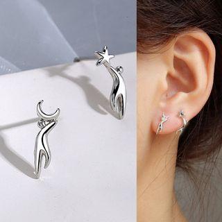 Non-matching Alloy Moon & Star Earring 1 Pair - With Ear Nuts - Silver - One Size
