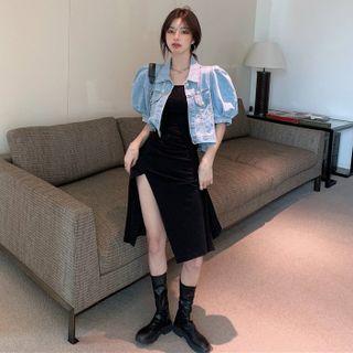Sleeveless Slit-side Midi Dress / Puff-sleeve Denim Jacket