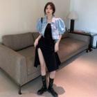 Sleeveless Slit-side Midi Dress / Puff-sleeve Denim Jacket