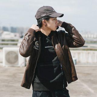 Faux-leather Printed Embroidery Bomber Jacket