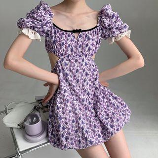 Puff-sleeve Floral Print Cutout Mini A-line Dress
