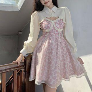 Ruffle Crop Shirt / Spaghetti Strap Flower Print Mini A-line Dress