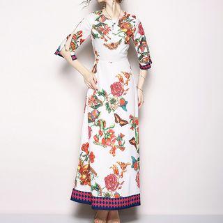 3/4-sleeve Floral Print A-line Maxi Dress