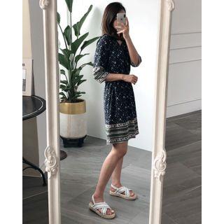 Elbow-sleeve Drawcord-waist Floral Dress