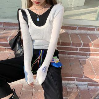 Mock Two-piece Long-sleeve Lettering Knit Top