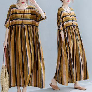 Elbow-sleeve Striped Midi A-line Dress Stripes Dress - One Size