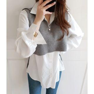 Set: Zip-front Dip-back Knit Vest + Blouse