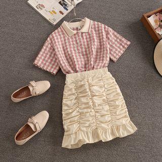 Short-sleeve Gingham Shirt / Shirred Pencil Skirt / Set