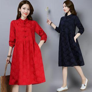Long-sleeve Jacquard Frog Buttoned A-line Dress