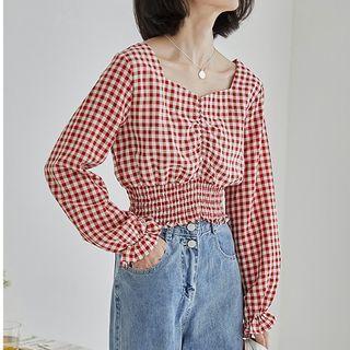 Long-sleeve Square-neck Check Crop Top