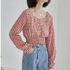 Long-sleeve Square-neck Check Crop Top