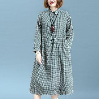Long-sleeve Checked Midi A-line Shirtdress