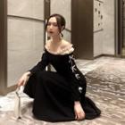Color-block Off-shoulder Long-sleeve Slim-fit Dress