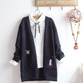 Tie Neck Blouse / Cat Embroidered Open Front Cardigan / Set