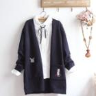 Tie Neck Blouse / Cat Embroidered Open Front Cardigan / Set