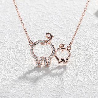 925 Sterling Silver Rhinestone Pig Pendant Necklace Rose Gold - One Size