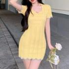 Short-sleeve Knit Mini Bodycon Dress Yellow - One Size