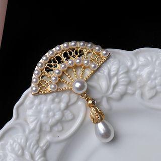 Faux Pearl Fan Brooch White Faux Pearl - Gold - One Size