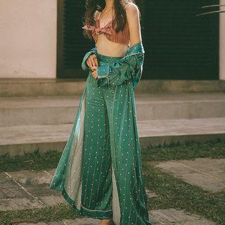 Stand-collar Dotted Long Open-front Jacket / Printed Wide-leg Pants / Striped Bralette